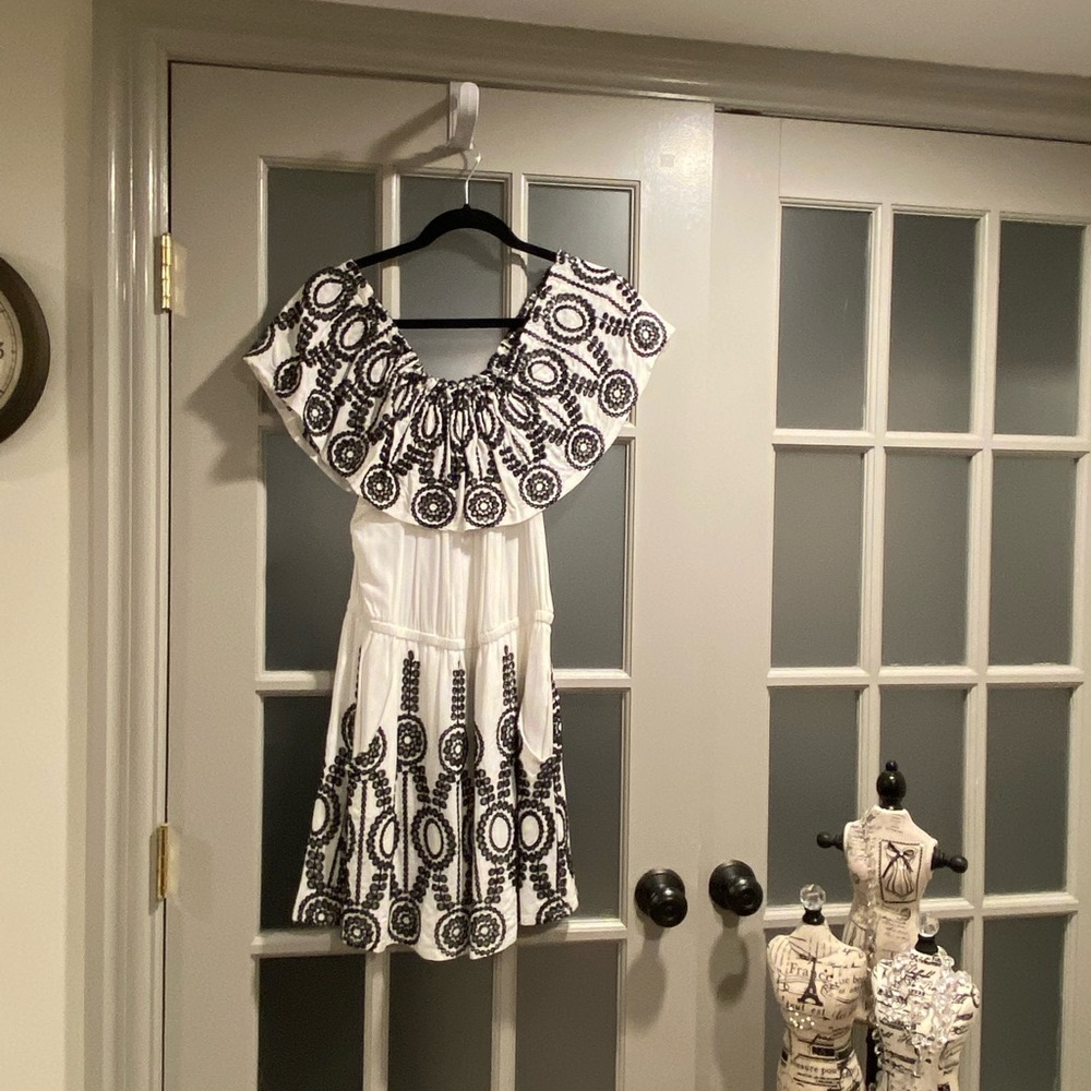 Aqua Black & White off the Shoulder Dress